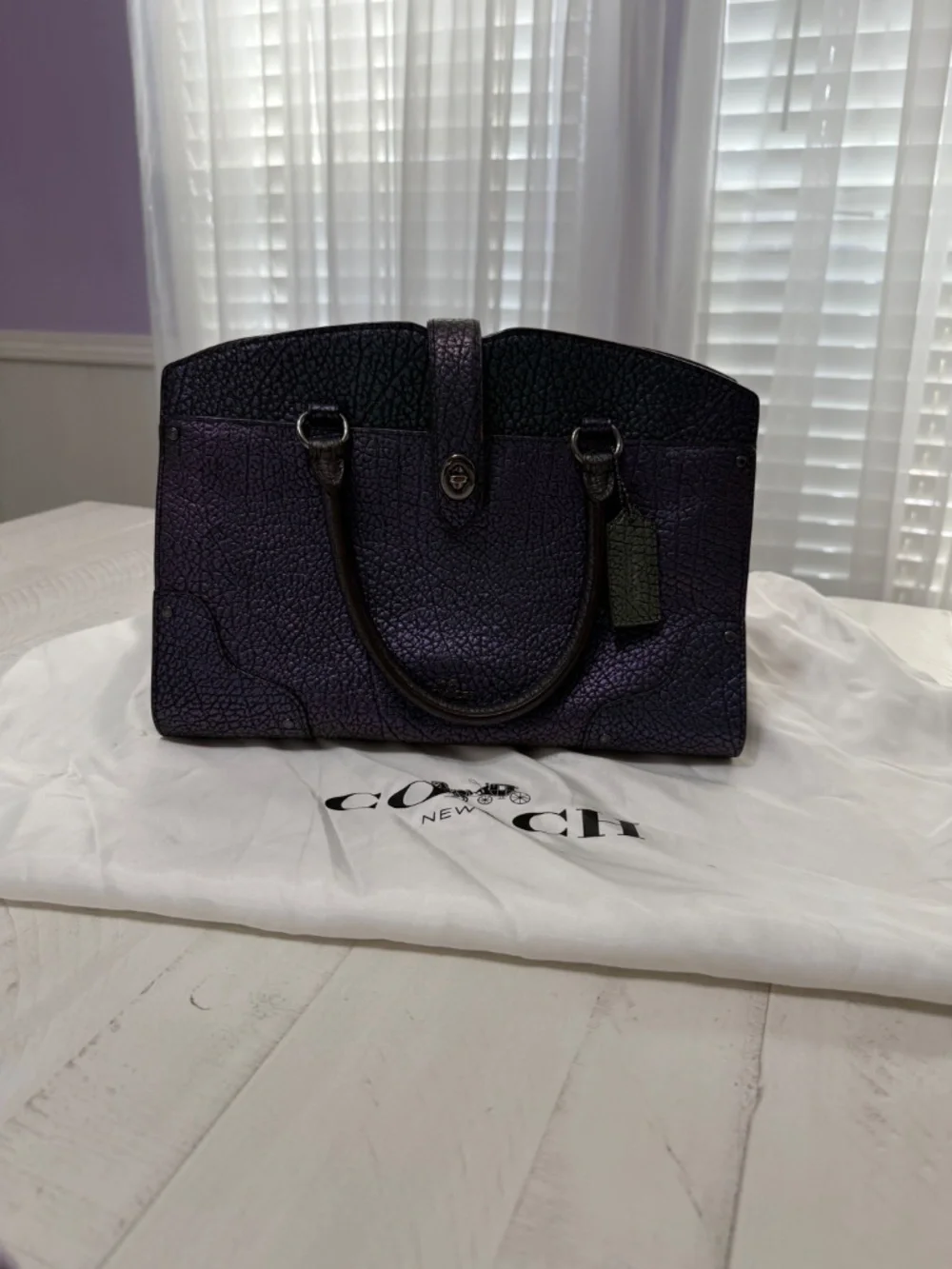 Coach Rogue Metallic Iridescent Purple Pebbled Leather Satchel